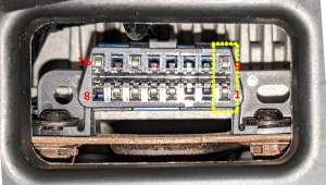 OBD2 connector with pins 1 and 9 populated